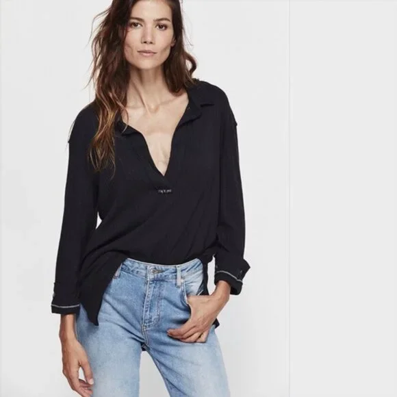 We The Free FP Annie Ribbed Collared Top Pullover Preppy Oversized size S Navy - Picture 12 of 12